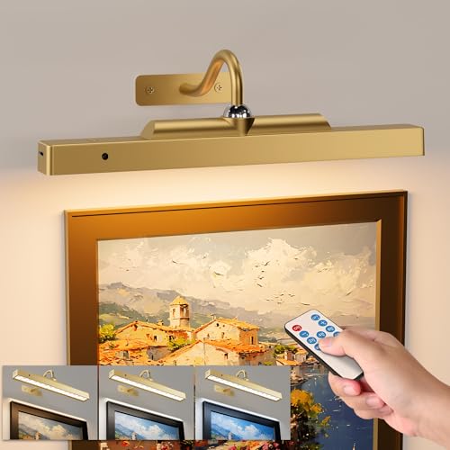 Image of Picture Light Wall Sconce, 4400mAh Rechargeable Wireless Battery Lighting, 12'' Dimmable LED with Remote 3CCT for Wall Art Gallery Display (Antque Gold)