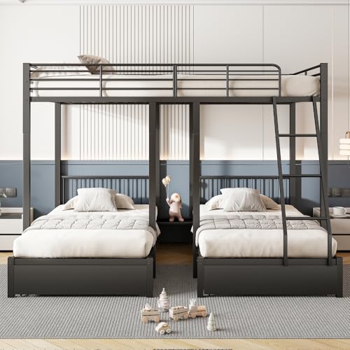 Letto a castello 3 posti 90 x 200 e 140 x 200 con cassetti,letto a soppalco 3 posti telaio letto in metallo, letto per bambini con barriera,trasformabile in un doppio 140 x 200 e due singoli 90 x 200