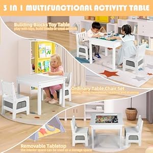 Kinder king kids wood table 2 chairs set 3 in 1 kids construction play table toddler activity table wstorage space building block table for child art crafts reading playing white  urban country home decor