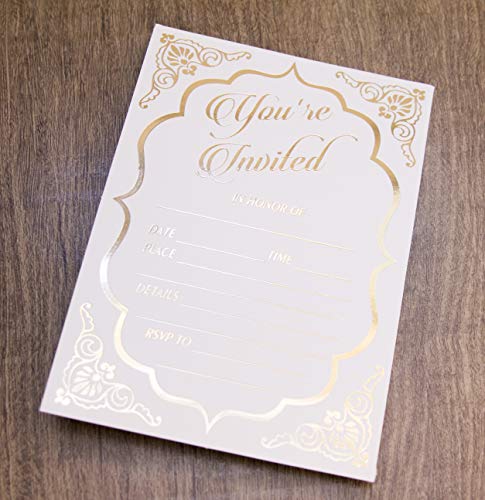 Fill in Invitations Wedding, Gold Foil - 25 Pack - Wedding Invitation, Hot Stamp Press. Party Invitations Birthday, Anniversary Celebration, Bridal or Baby Shower (Invitation Gold 2)