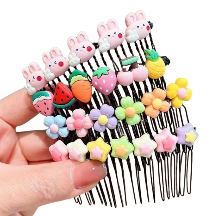 Kawaii Hair Combs with Bunny, Fruit and Flower Designs, Colorful Hair Accessories for Girls, 4Pieces