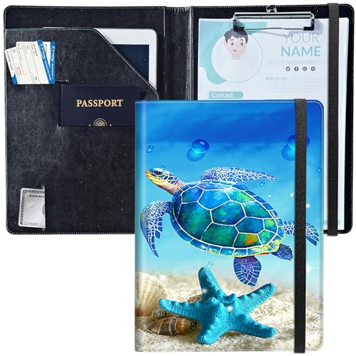 BEOTIWAD PU Leather Padfolio Clipboard Notepad with Pen Loop and Elastic Strap Interview/Resume Document Organizer for Business School Office,Blue Turtle