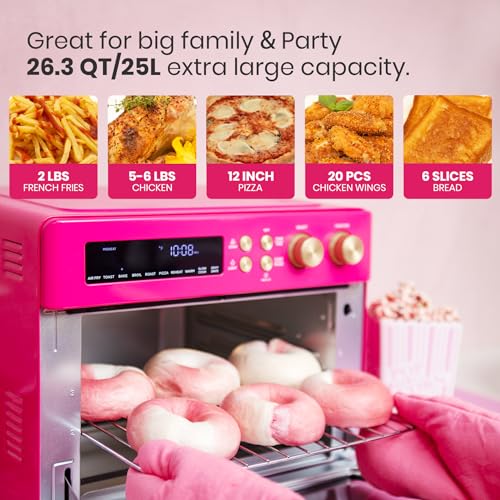 Image of VAL CUCINA 26.3 QT Limited Edition Happy Pink Infrared Heating Air Fryer Toaster Oven, Large Countertop Convection Oven 10-in-1 Combo, 6-Slice Toast, Enamel Baking Pan Easy Clean with Recipe Book