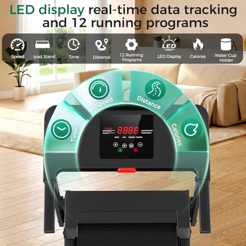 Image of Foldable Treadmills for Home, 3.0HP Walking pad Treadmill with Handle Bar, Portable Electric Treadmill with Handles, 12 Preset Programs, LED Display and 300 lbs Capacity