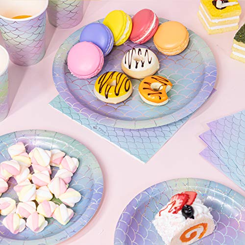 Mermaid Party Supplies - 350 Pcs Disposable Dinnerware Set - Mermaid Paper Plates Napkins Cup Gold Plastic Fork Knives Spoon For Children's Day Girl’s Birthday Baby Shower Wedding Hawaii Ocean Party #TOP4