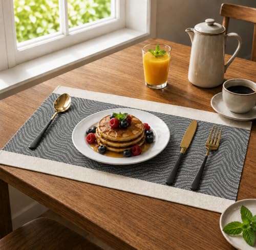 Image of YELONA Placemats and Table Runner Set - Heat Resistant, Non-Slip & Washable PVC Vinyl Dining Table Mats - Anchor Grey (6 Placemats: 45x30 cm, 1 Runner: 180x30 cm)