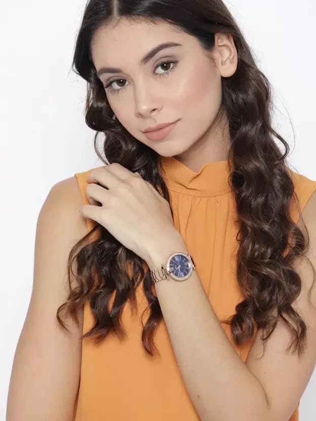 Image of EVRGLOW Analogue Wrist Watches for Women's & Girls&Miss&Ladies Luxury Blue Dial with Roman Marker in Diamond Studded Round case with Rose Gold brecelet Strap Stylish Quartz Watches