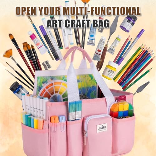 Image of JJRING Foldable Craft Organizer Tote with Zipper & Divider, Pink | Portable Art Storage Caddy Bag For Scrapbooking, Sewing, Artist & Home
