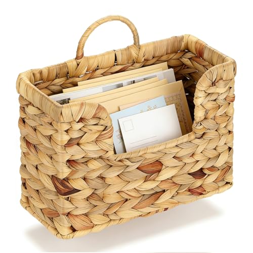 VANEME Hanging Magazine Basket, Woven Wall Magazine Holder Organizer with Handle for Mail, Files, Books - Water Hyacinth Farmhouse Storage Rack for Bathroom, Kitchen, Office