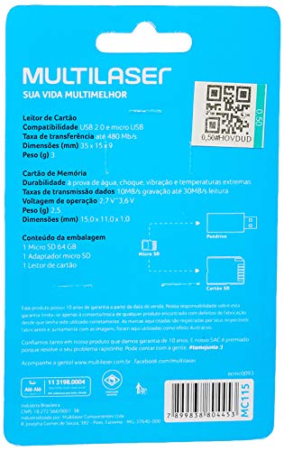 Adaptador 3 em 1 SD + Pendrive +Cartão De Memória Classe 10 64GB Preto Multilaser - MC115