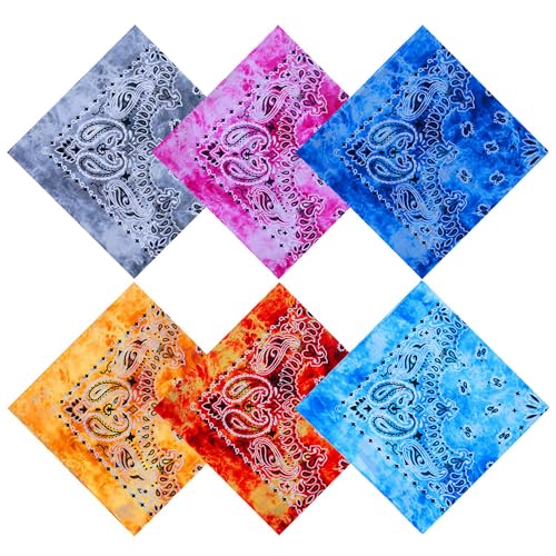 URATOT 6 Pack 22 x 22 Inch Tie Dye Bandana Cotton Paisley Bandanas Headbands Cowboy Handkerchiefs for Men and Women