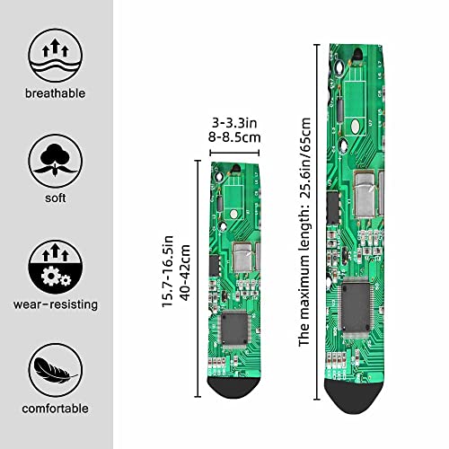 Pehede Mens Socks Circuit Board Funny Novelty Crazy Crew Socks Green Printed Computer Motherboard with Microcircuit Socks for Women Gifts Dress Socks