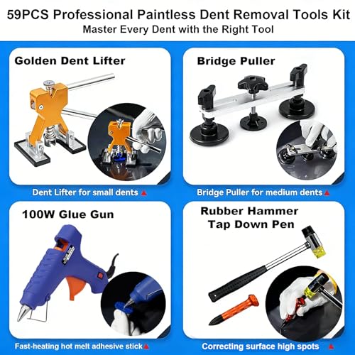 Image of Paintless Dent Repair Kit 59PCS, Dent Puller Kit with Golden Lifter, Bridge Puller, Hot Glue Dent Puller and PDR Tools, Car Dent Repair Kit for Door Dings, Hail Damage and Metal Surface Dents