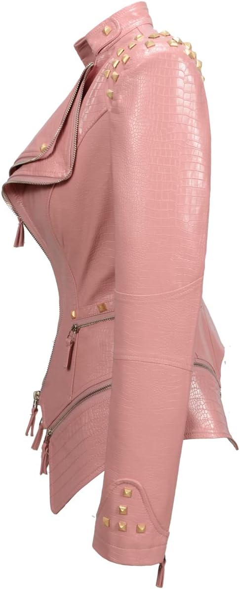 Fashion SX Women's Punk Studded Faux-alligator Print Pattern PU Leather Jackets Zipper Moto Biker Coat