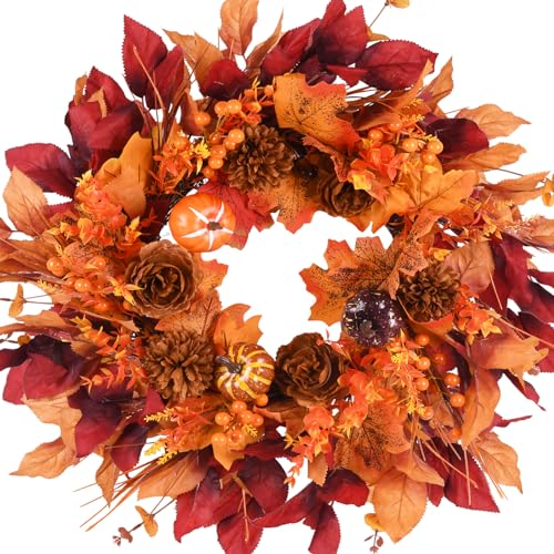 GYWJJ Artificial Fall Eucalyptus Wreath for Front Door with Pumpkin
