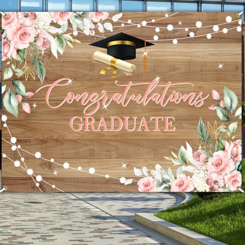 Avezano 8 x 6 ft Rustic Wood Graduation Banner Congratulations Graduate Party Decorations Background Pink Floral Grad Banner Backdrop for Photography by Avezano - Used condition - Image 4