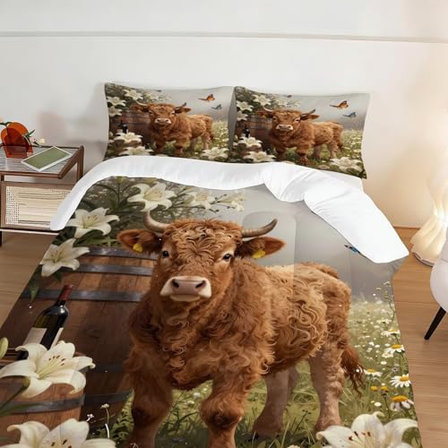 Image of Highland Cow Comforter Set Full Size Wildlife Farmhouse Cow Bedding Sets for Girls Boys Kids Adults Bedroom Decor 3D Kawaii Flower Animal Quilt 1 Comforter 2 Pillowcases