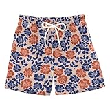 Selerdon Quick Dry Swim Trunks Orange Retro Blue Flower for Boy Kids Summer Fashion Beach Shorts with Adjustable Waist and Side Pocket for Daily Wear Outdoor Play XS