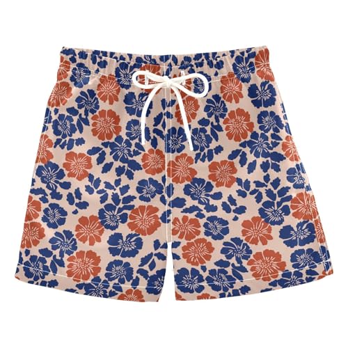 Selerdon Quick Dry Swim Trunks Orange Retro Blue Flower for Boy Kids Summer Fashion Beach Shorts with Adjustable Waist and Side Pocket for Daily Wear Outdoor Play XS