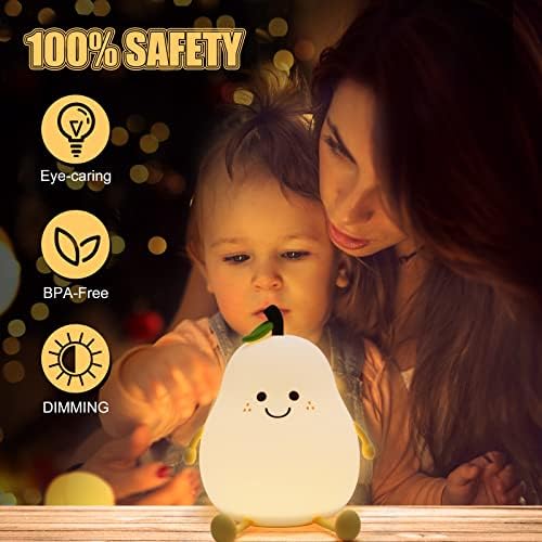 JUDANNA Pear Night Light, Cute Smile Silicone Lamp, Mini Table Lamp Kids Dimmable Night Light, 7 Color USB Changing Night Lamp with Touch Sensor for Children Gift Bedroom Decoration