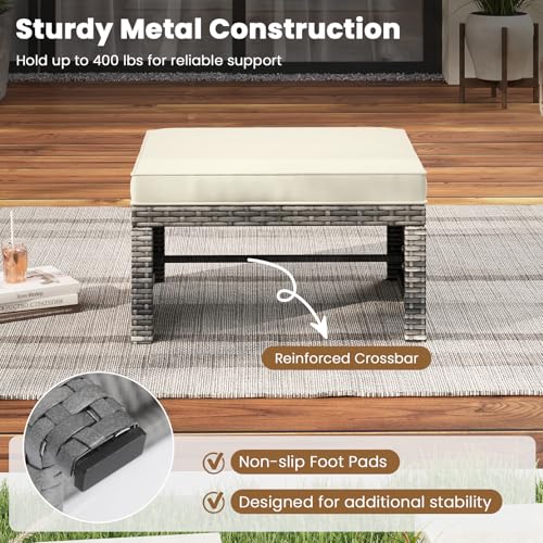 RELAX4LIFE Wicker Outdoor Ottoman Set of 2 - Rattan Footstools Foot Rest w/Removable Cushions, Multipurpose Side Table & Additional Seating, Outdoor Ottomans for Patio Garden Porch (Grey-Off White)