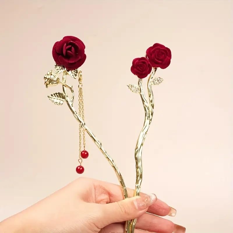 Image of HONEY ACCESSORIES-6pcs Rose Flower Hair stick Chinese Style Flocked Flowers Hair Sticks Metal Leaves Pearl Tassel Hairpin Pendant Hair Accessories for Women Girls