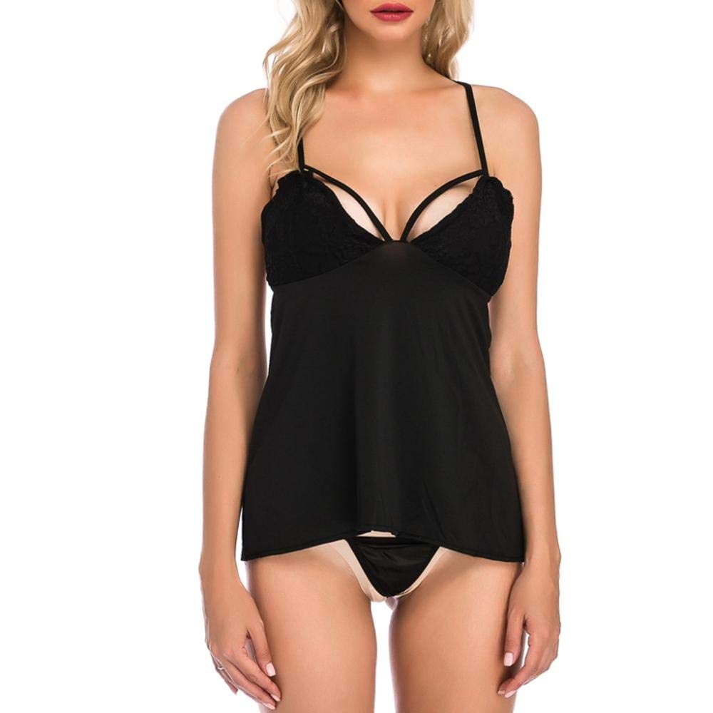 Mujer Sexy Negro con Encaje Sensual Elegante Fina Lenceria para DamaLencería sexy Tallas grandes Camisón para mujer Ropa interior con tirantes sexy Pantalones G-String Ropa de dormir sexy-Black_3XL