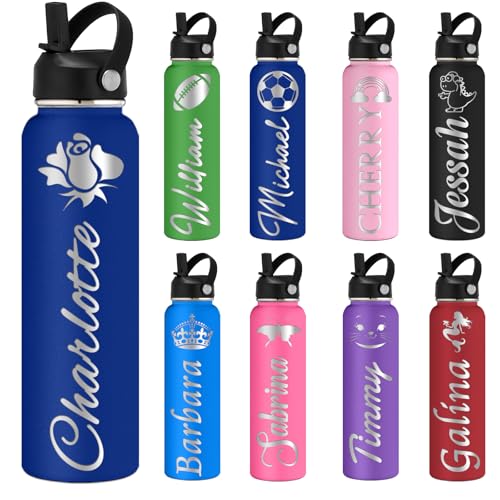 Custom Water Bottles Personalized with Straw Lid 24/32/40 oz Customized Stainless Steel Water Bottle with Engraved Names Double Wall Insulated for School Sports