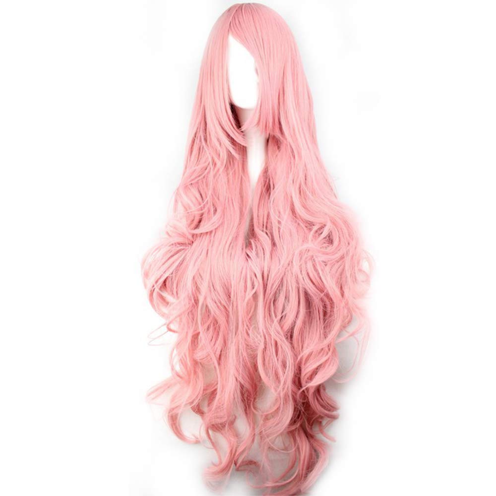 40 Inches 100cm Long Curly Wigs For Women Heat Resistant Synthetic Big Wavy Wig With Bangs Pink Cosplay Halloween Costume Wig