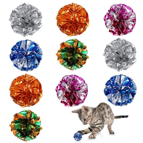 Cat Crinkle Toys, 10 PCS Crinkle Balls for Cats 1.8'' Cat Ball Toy Shiny Ball Lightweight Mylar Pet Pounce Chase Toys Assorted Color Interactive Toy for Indoor Cats to Kill Time and Keep Fit