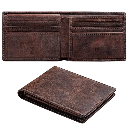 GSOIAX Premium Crazy Horse Leather Wallet for Men-Handcrafted Vintage Bifold Wallet with 11 Card Slots,2 ID Windows & 2 Cash Pockets,RFID Blocking,Gift ideas for Him(Reddish-brown)
