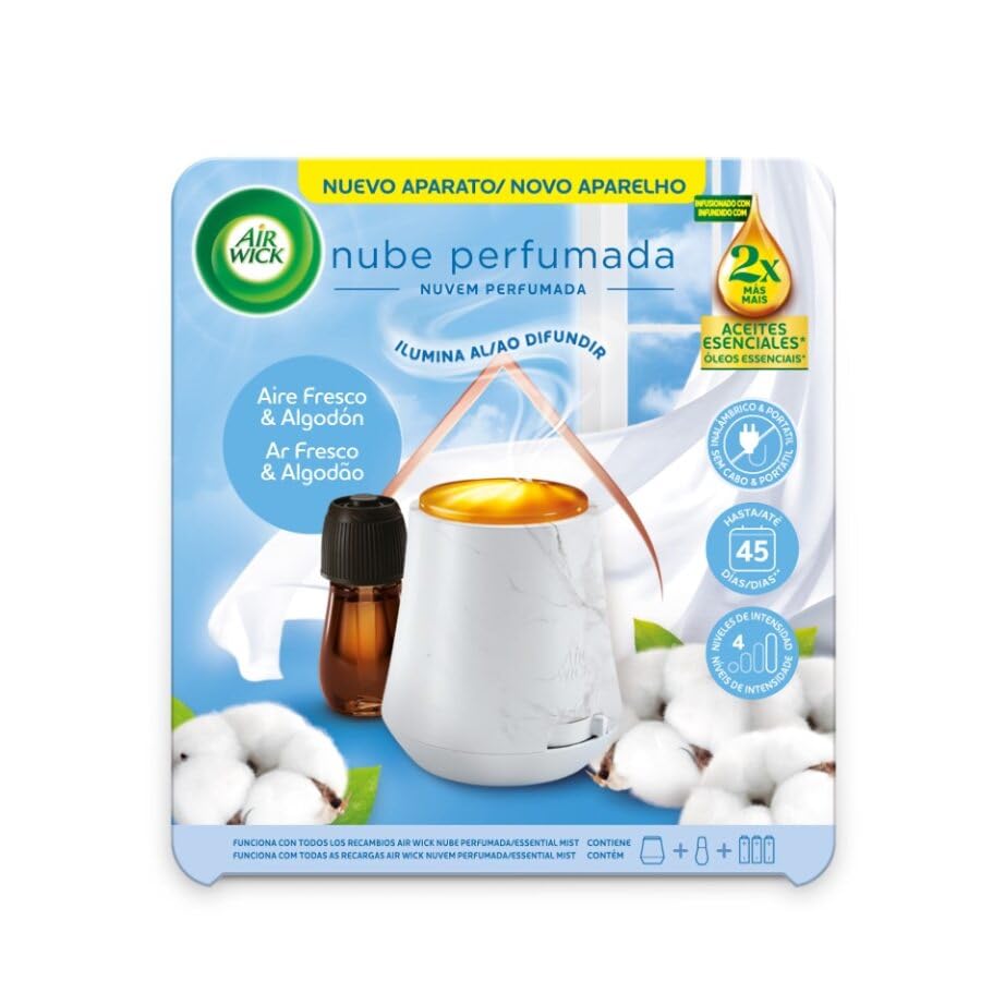 Air Wick Essential Mist, Kit ambientador difusor de aceites esenciales con aroma a Aire Fresco & Algodón infusionado con 2 veces más aceites esenciales