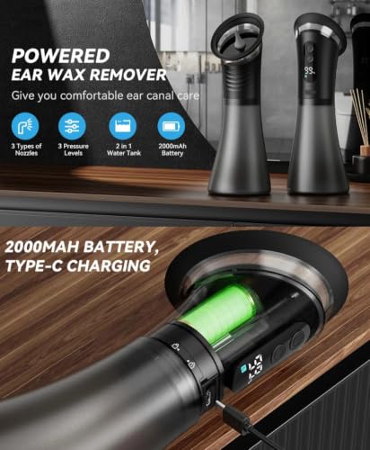 Image of Ear Vleaner E80 Powered Ear Wax Remover with 2-in-1 Water Tank | 3 Pressure Modes, 5-Hole Nozzle, 2000mAh Battery, 11 Nozzles Included, USB-C Charging