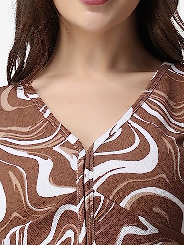 Image of POPWINGS Casual Brown Marble Printed Crop Top and Trouser Set for Women | Co-Ords Set for Women Stylish Western | Full Sleeves V-Neck Crop Top and Bootcut Trouser Set | 2 Piece Set for Women