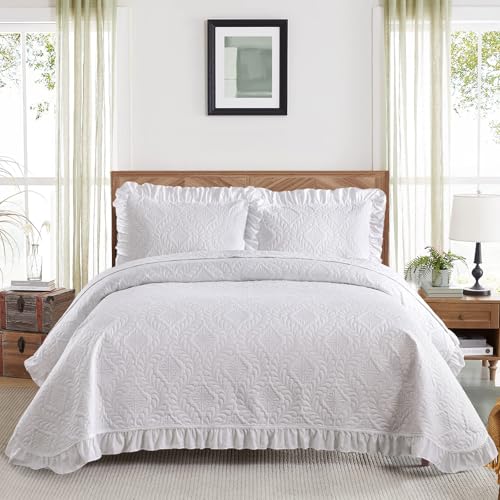 DJY Queen Quilt Bedding Set Size, White Ruffled Lightweight Soft Bedspreads Queen Size Coverlet, Basket Weave Quilted Blanket Thin Quilt Bed Cover for All Season - 3 Piece (1 Quilt, 2 Pillow Shams)