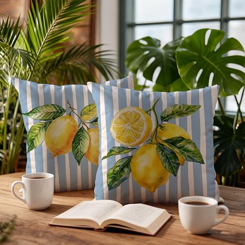Image of Blue and Yellow Lemon Pillow Cover Summer Italian Mediterranean Amalfi Coast Decor 18x18,Italian Striped Decorative Throw Pillow Cover Decor for Couch Double-Sided Set of 2