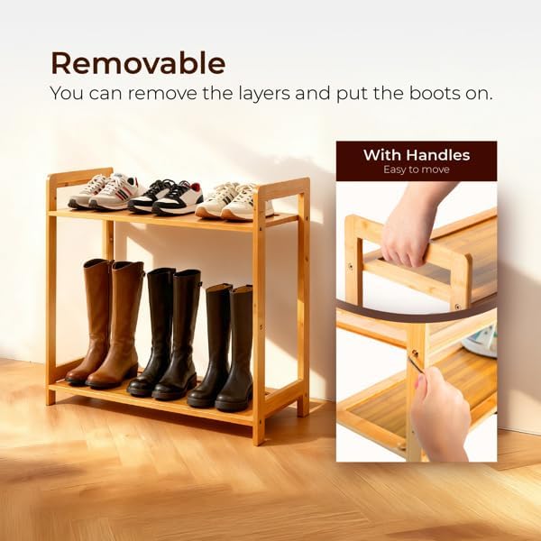 3-Tier Bamboo Shoe Rack for Entryway, Stackable | Foldable | Natural, Shoe Organizer for Hallway Closet, Free Standing Shoes Racks for Indoor Outdoor