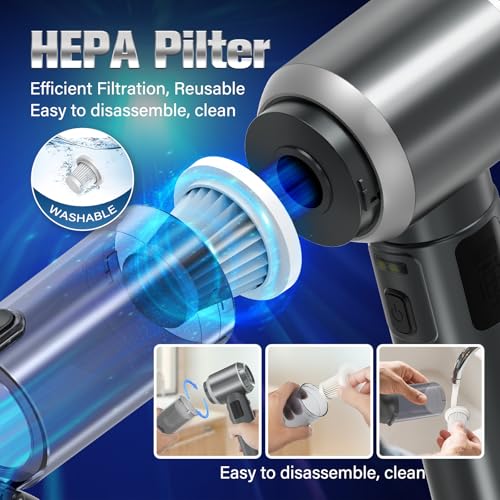 4-in-1 Handheld Vacuum Cordless&Air Duster, 28000pa Suction Power Car Vacuum Portable Cordless, Mini Vacuum with Digital Display and One-Click Dust Emptying for Car Home Office Kitchen Pet Hair(Gray) — view 5