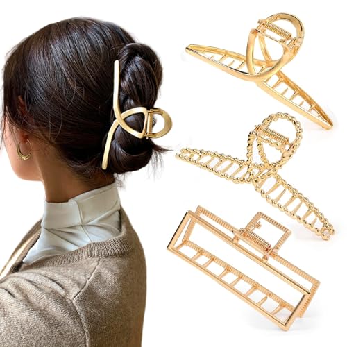 3Pcs Metal Large Hair Claw Clips for Thin to Thick Hair Big Gold Hair Clips Fashion Styling Hair Accessories for Women