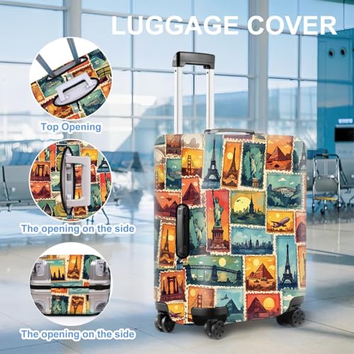 Image of Luggage Cover for Travel - World Landmark Stamp Style, Waterproof Suitcase Wrap and Luggage Protector for 28''-30'' Suitcase, L