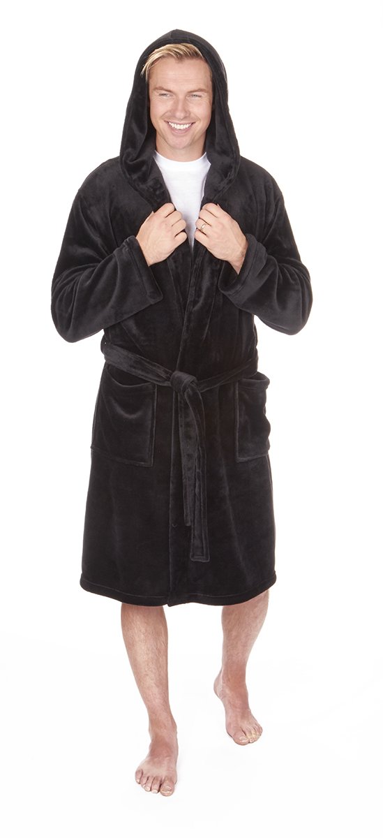 Pierre Roche Men's Black New Soft Flannel Fleece Hooded Dressing Gown Bath Robe Winter