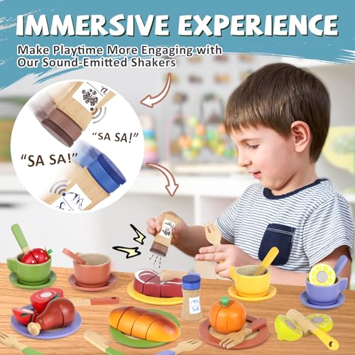 Image of Wooden Play Dishes and Plates for Kids Kitchen Set Accessories