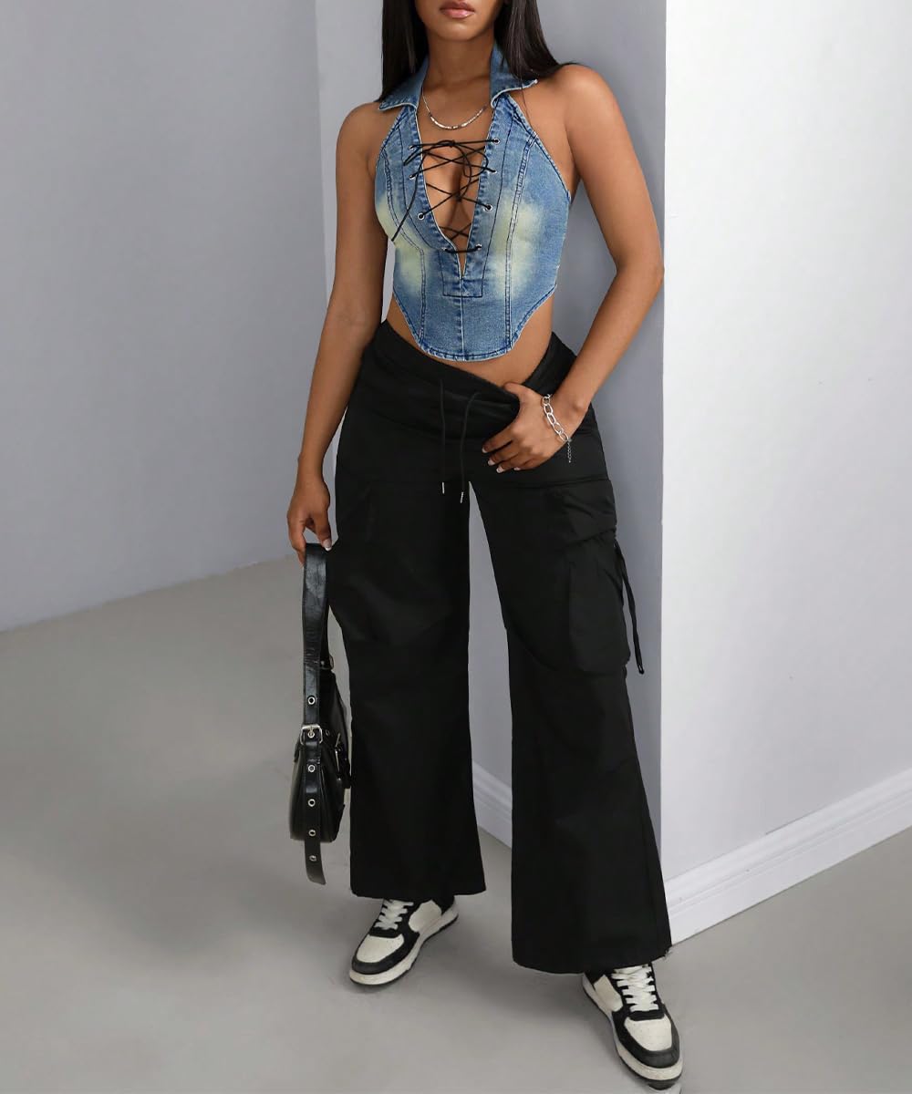 Sexy Denim tubo top sin mangas solapa hueco encaje hasta slim cropped denim corsé chaleco tops