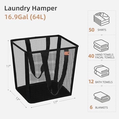 Image of STORAGE MANIAC Collapsible Laundry Basket, 16.9 Gal. Large Pop-up Laundry Hamper with Long Carry Handles, Space-Saving Foldable Clothes Hamper with Bottom Elastic Band, Travel Laundry Bags, Mesh Black