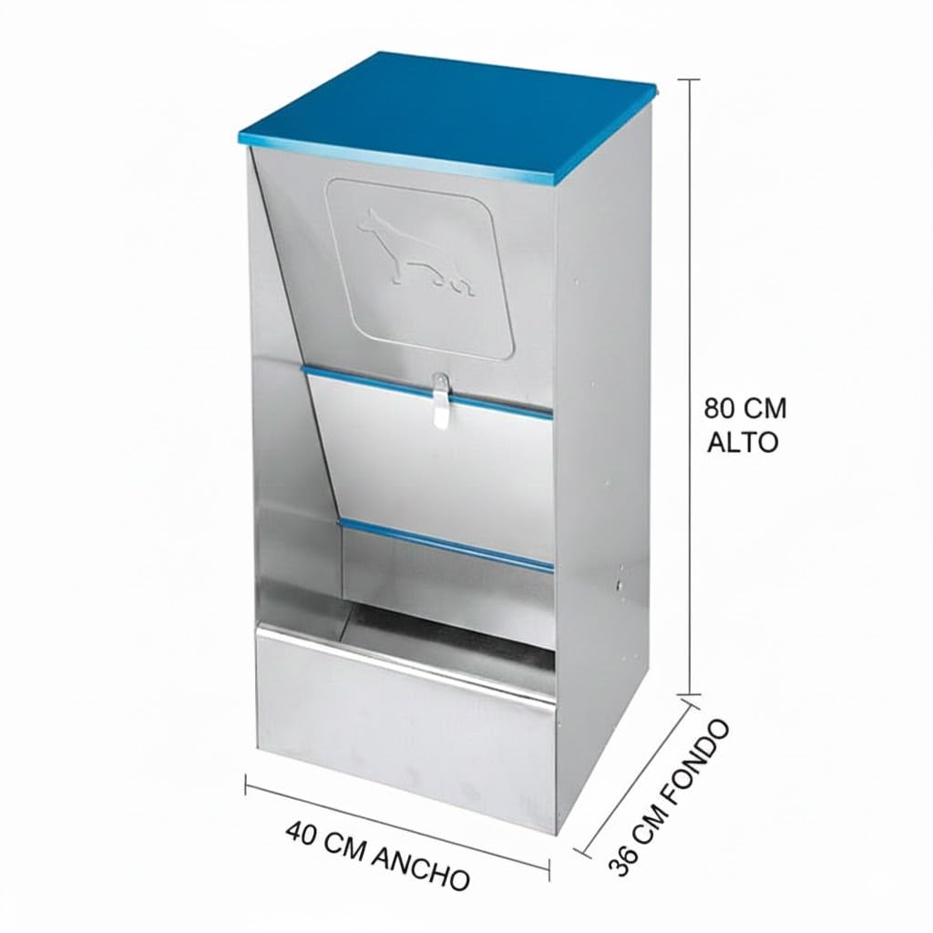 Suinga Comedero para Perros 63 litros Galvanizado Autoservicio Dispensador de Alimentos 40x35x80 cm | Tolva galvanizada para Alimentar Animales