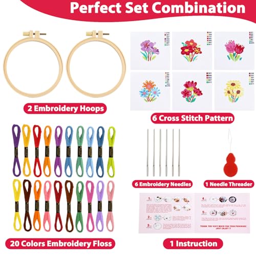 Zoiiwa JC0641 6Pcs Flower Cross Stitch Kits For Beginners Diy Embroidery Kit For Kids Adults Christmas Birthday Gift Needlepoint Patterns thumb #1