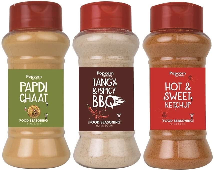 Image of Popcorn & Company Papdi Chaat and Tangy Spicy BBQ, Hot & Sweet Instant Seasoning Mix Combo Pack of 3 - Unique Blend of Spices and Herbs for Carbs - 180gm By Popcorn & Company