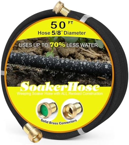 Soaker Hose 50ft for Garden Beds, Solid Brass Interface Irrigation Save 70% Water Heavy Duty Rubber 1/2" Diameter Great for Gardens/Flower Beds - Thumbnail 3