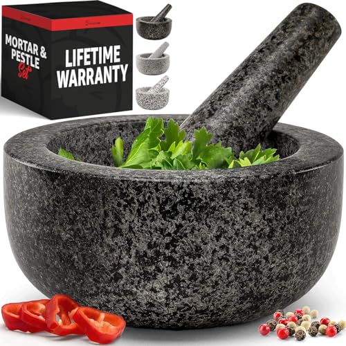 Comparison: Best Mortar And Pestles 4 Priority Chef Heavy Duty Large 2 Cup Mortar and Pestle Set,100% Granite, Non Slip Base, Make Fresh Guacamole, Salsa, Pesto, Stone Grinder Bowl, Herb Crusher, Spice Grinder, 6.3 Inch Size, Black