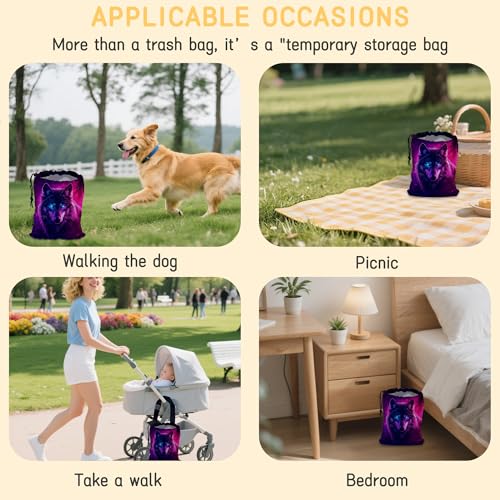 Image of Wolf Car Garbage Bag,Glowing Wolf on Starry Night Small Car Trash Bag Hanging,Drawstring Car Garbage Bag with Adjustable Buckle for Car Back Seat,SUVs,Camping,Road Trips